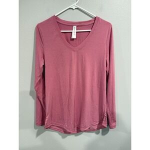 Athleta Essential Top Women's Medium Pink Stretch Long Sleeve V-Neck Pullover